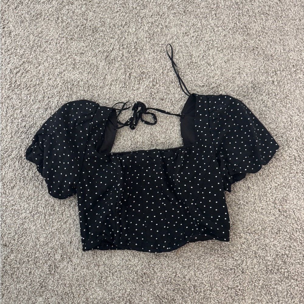 Sky Black Polka Dot Puff Sleeve Crop Top